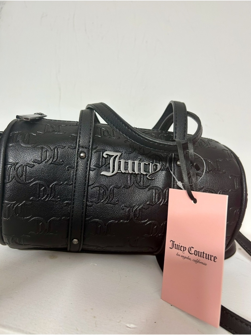 Juicy Couture Black Embossed Barrel Crossbody with Pink Tag